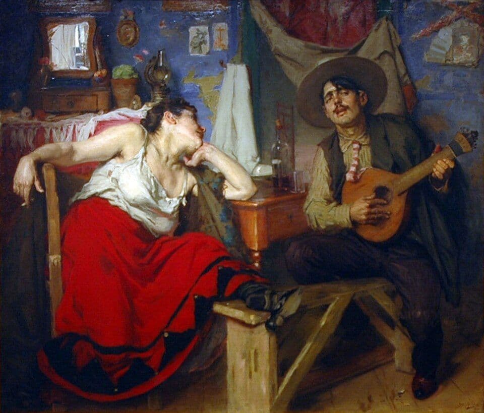 Pintura de um homem de chapéu a tocar guitarra portuguesa, ao lado de uma mulher de saia vermelha