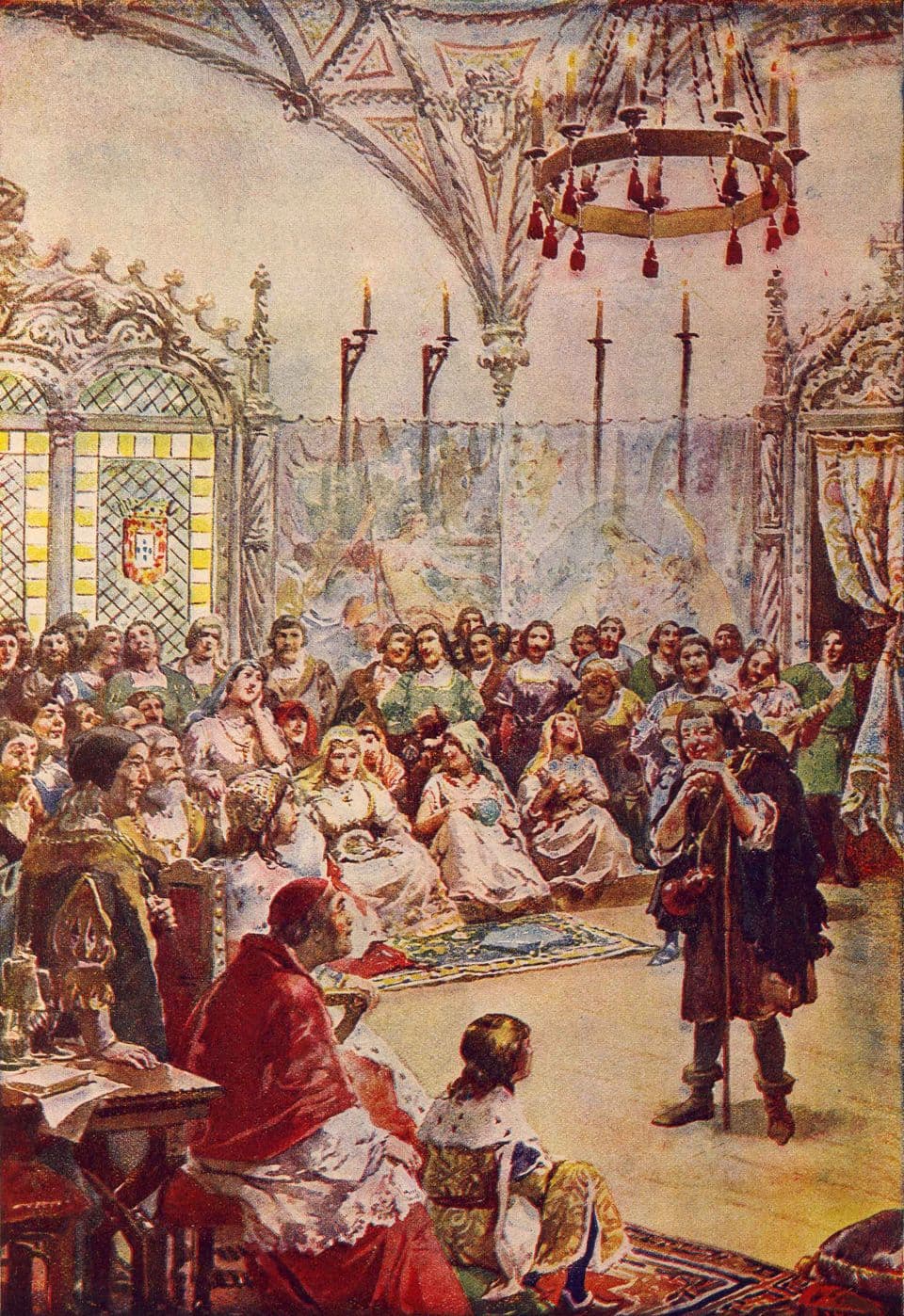 Pintura de Gil Vicente a representar uma peça perante a corte de D. Manuel I, num salão com lustre