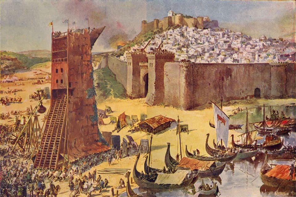Pintura do cerco de Lisboa, com uma torre de assalto encostada às muralhas, o castelo no alto e barcos no rio