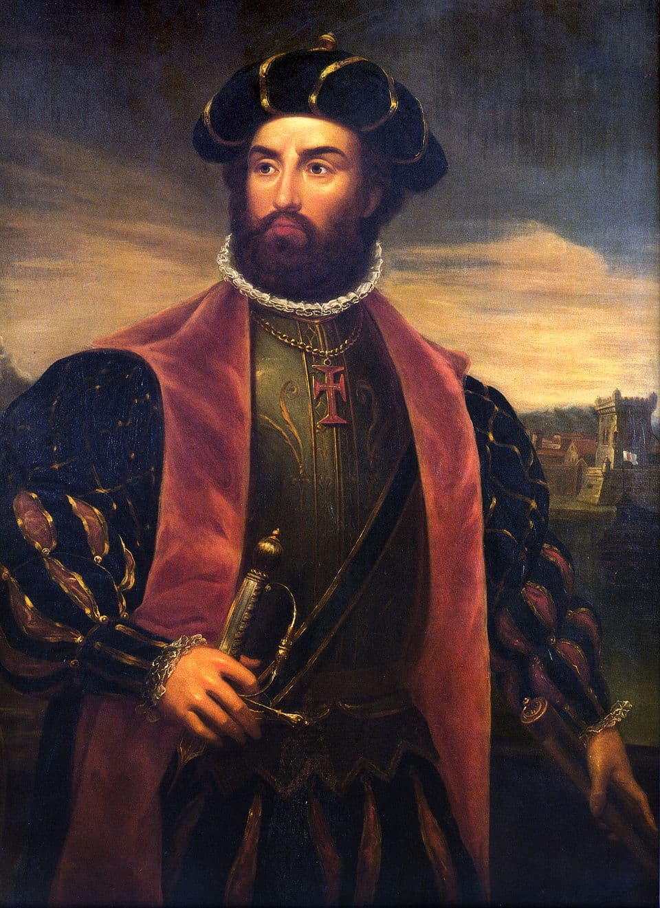 Retrato a óleo de Vasco da Gama, de barba e barrete, com capa vermelha e a cruz da Ordem de Cristo ao peito