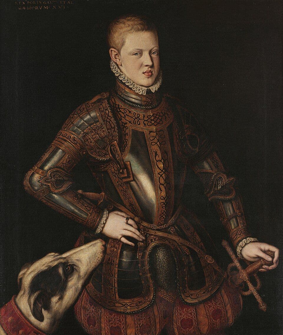Retrato do jovem rei D. Sebastião em armadura, com a mão na anca e um cão a seu lado