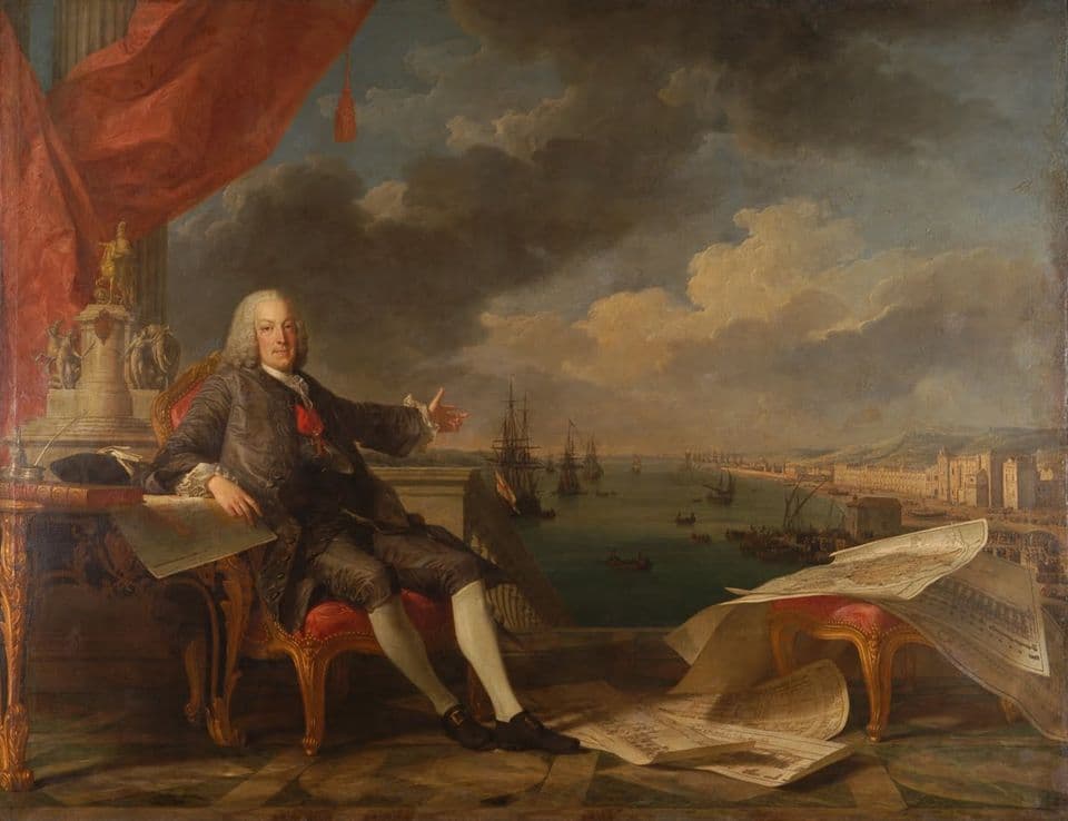 Retrato do Marquês de Pombal sentado, a apontar para o Tejo com navios e a cidade ao fundo