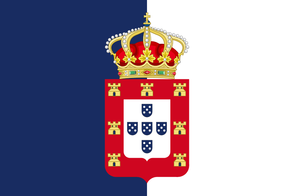 Bandeira azul e branca com o escudo de Portugal e a coroa real
